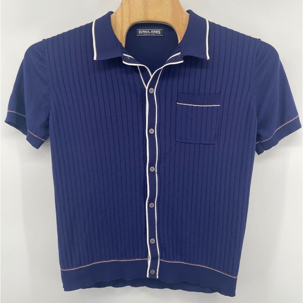 PJ Paul Jones Knit Polo Men Lg Navy Blue Ribbed Short Sleeve Button Down Retro